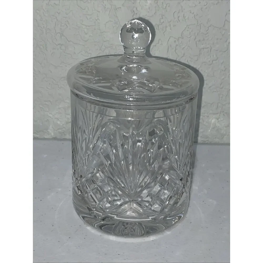 Vintage Lead Crystal Canister Jar Dish With Lid Etched Clear Heavy 6.5”
